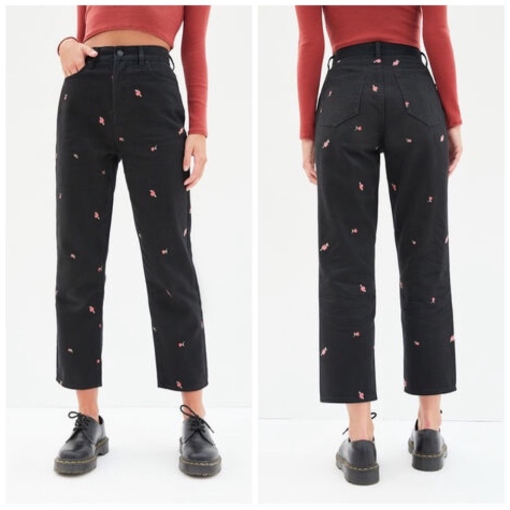 Black PacSun Embroidered Floral High-Rise Straight Denim